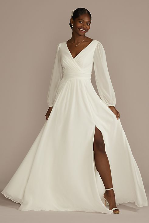 Long Billow Sleeve Chiffon A-Line Wedding Dress Image 1