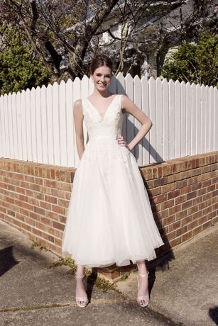 Tea-Length Plunging Neckline Lace Wedding Dress | David's Bridal