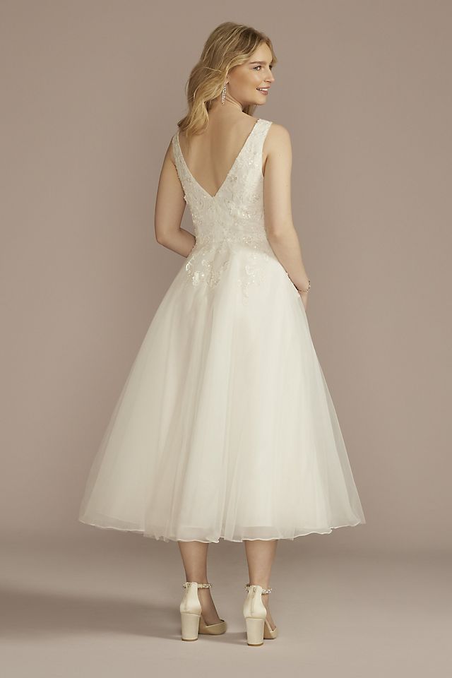 Tea-Length Plunging Neckline Lace Wedding Dress Image 2