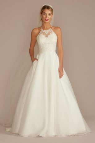 Satin Lace A-line Halter Illusion Neck Wedding Dress SW535