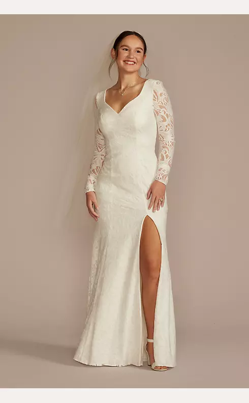 Long Sleeve Lace Scoop Back Sheath Wedding Dress Image 1
