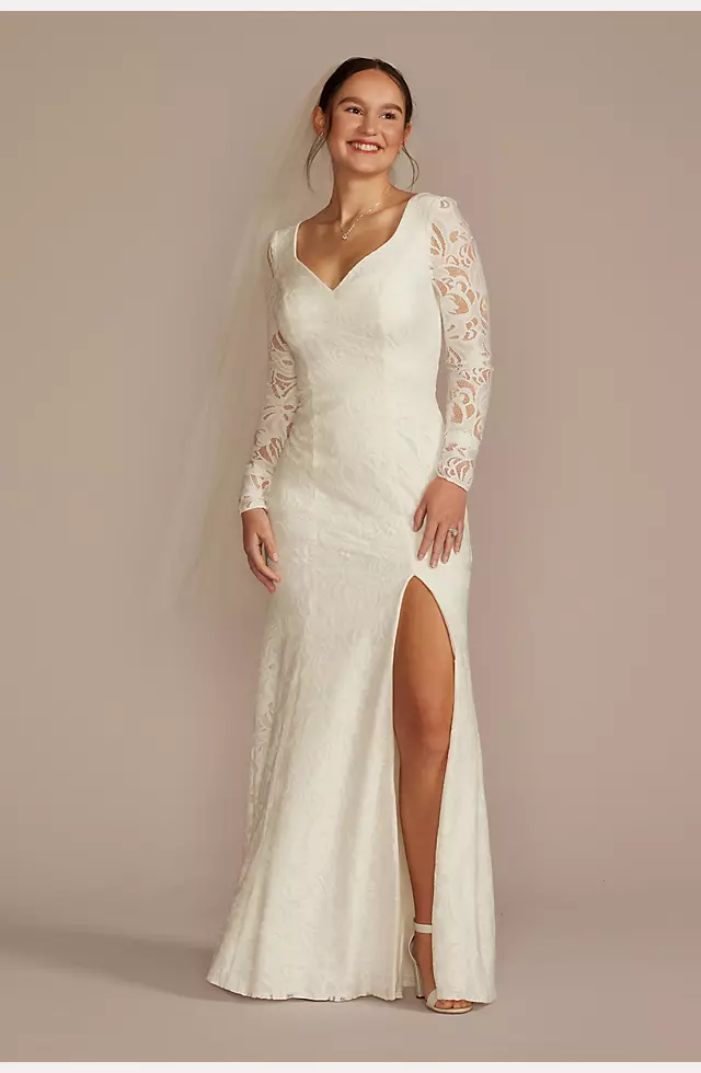 Long Sleeve Lace Scoop Back Sheath Wedding Dress Image