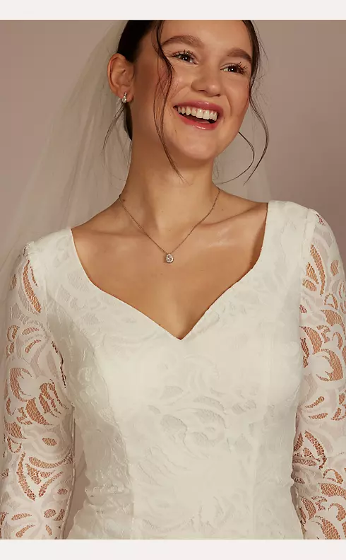 Long Sleeve Lace Scoop Back Sheath Wedding Dress Image 3