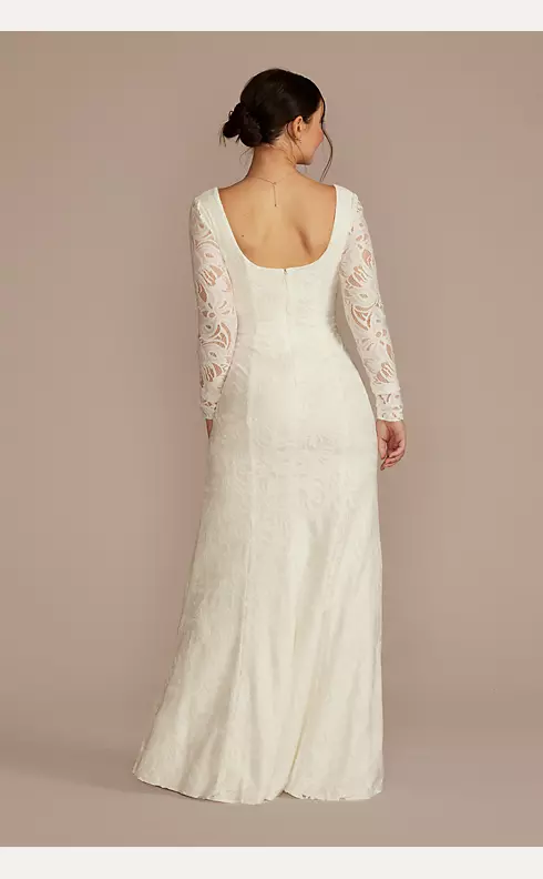 Long Sleeve Lace Scoop Back Sheath Wedding Dress Image 2
