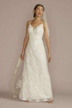 Sequin Floral A-Line Spaghetti Strap Wedding Dress