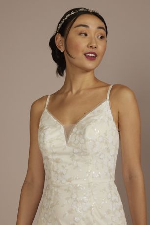 Sequin Floral A-Line Spaghetti Strap Wedding Dress | David's Bridal