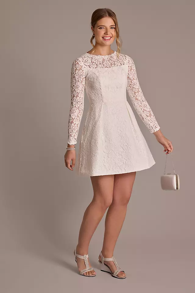 Long Sleeve Allover Lace Pleated Skirt Mini Dress Image