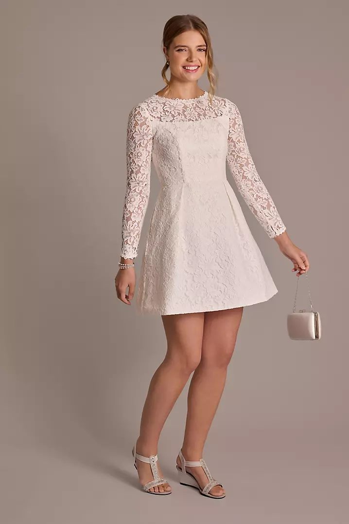 knee length dresses for ladies Zapaka Women Cute White Bateau Short Graduation Dress Long Sleeves Lace-Up Back Commencement Dress with Lace, White / US4 main image 0