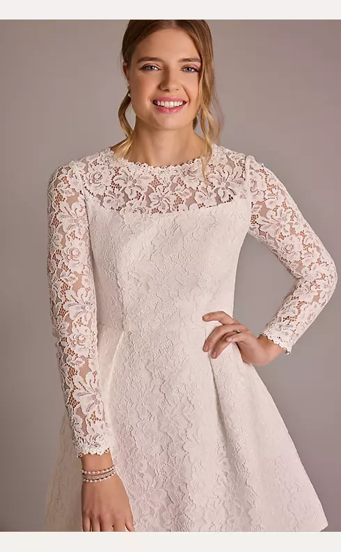 Long Sleeve Allover Lace Pleated Skirt Mini Dress Image 3