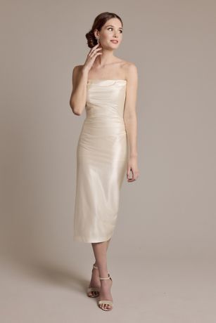 Sculpting Satin Midi Dress with Draped Bodice | David's Bridal