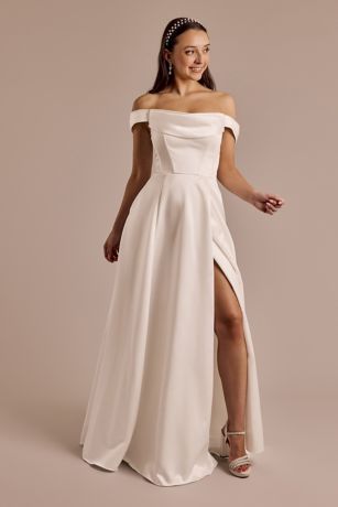 Off-the-Shoulder Cowl Neckline Satin Wedding Dress Image