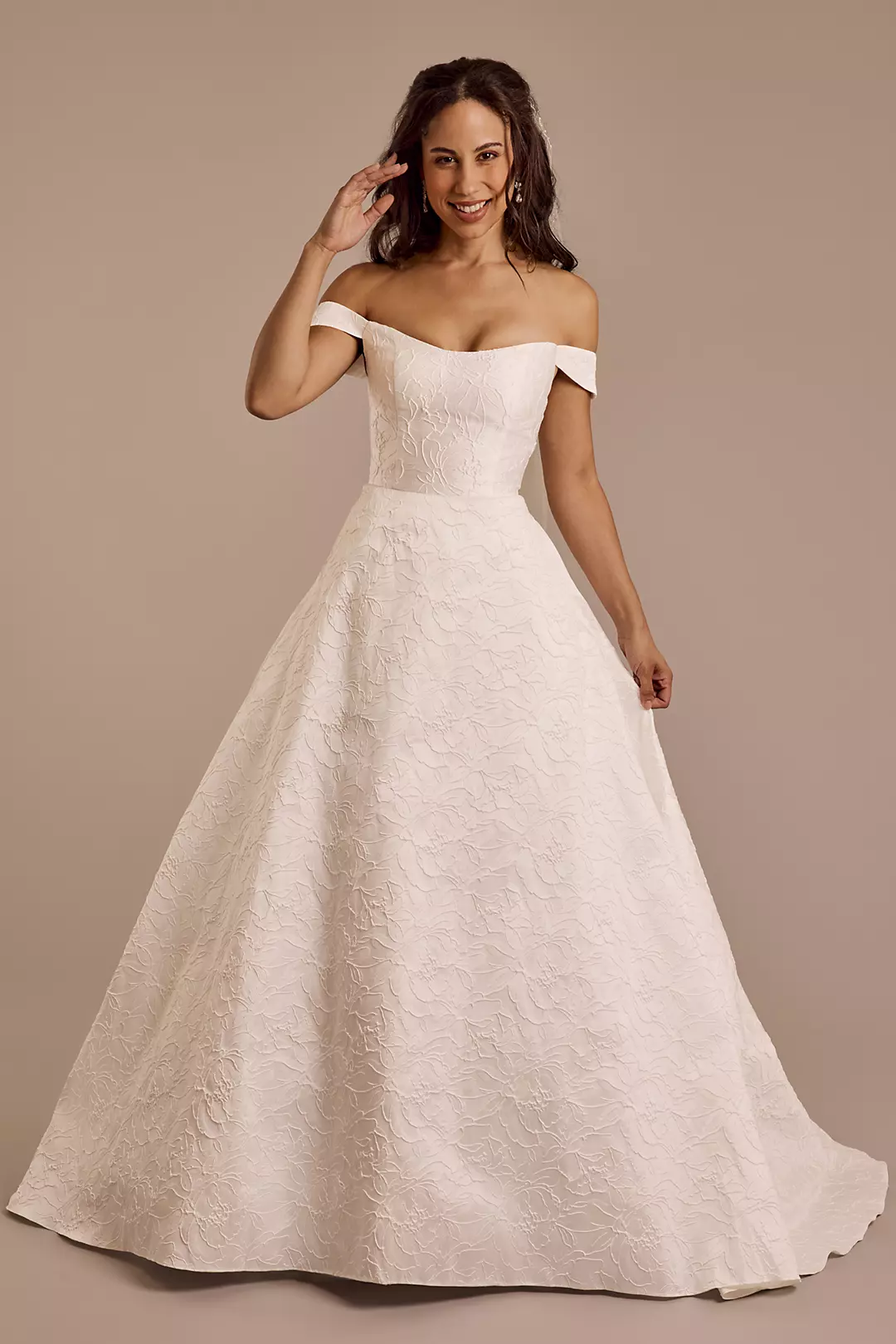 Jacquard Off-the-Shoulder Ball Gown Wedding Dress | David's Jacquard Off-the-Shoulder Ball Gown Wedding Dress | David's