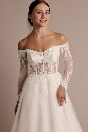 Off-the-Shoulder Long Sleeve Appliqued Ball Gown | David's Bridal