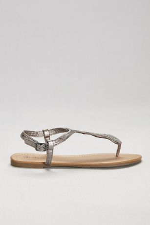 Crystal-Studded Scalloped Metallic T-Strap Sandals | David's Bridal