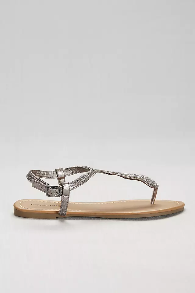 Crystal-Studded Scalloped Metallic T-Strap Sandals Image 3