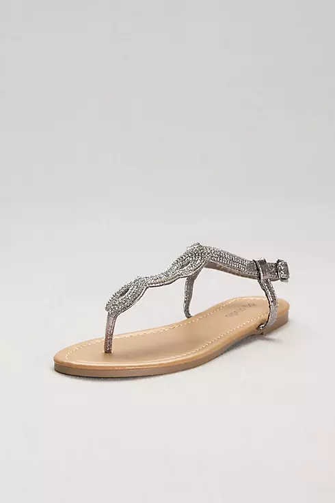 Crystal-Studded Scalloped Metallic T-Strap Sandals Image 1