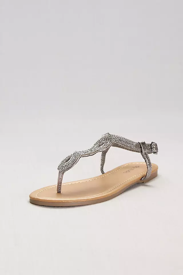 Crystal-Studded Scalloped Metallic T-Strap Sandals Image