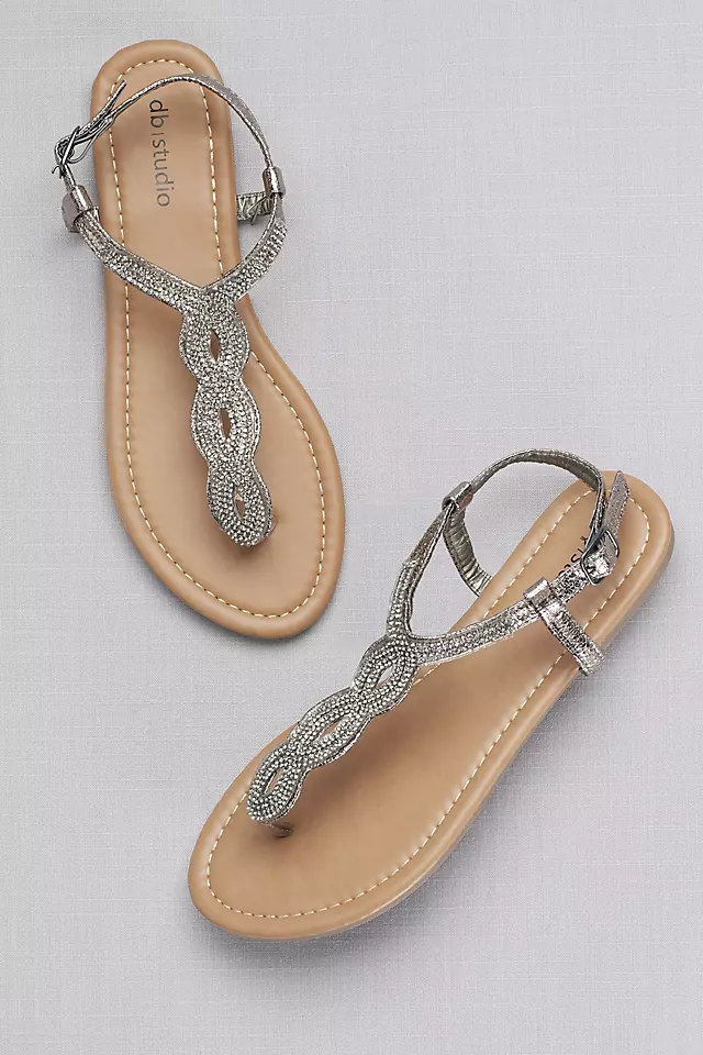 Crystal-Studded Scalloped Metallic T-Strap Sandals Image 4