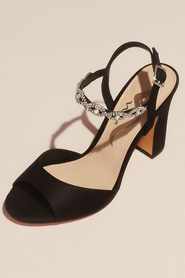 Satin Block Heel Sandals with Crystal Ankle Strap Image 1