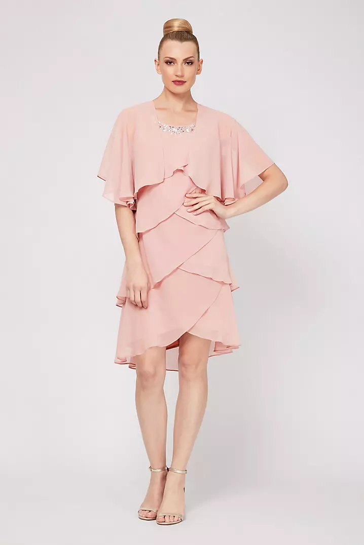 Tiered Chiffon Jacket Dress with Embellished Neck | David's Tiered Chiffon Jacket Dress with Embellished Neck | David's
