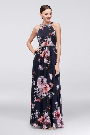 Floral print chiffon halter 2025 dress with beaded belt