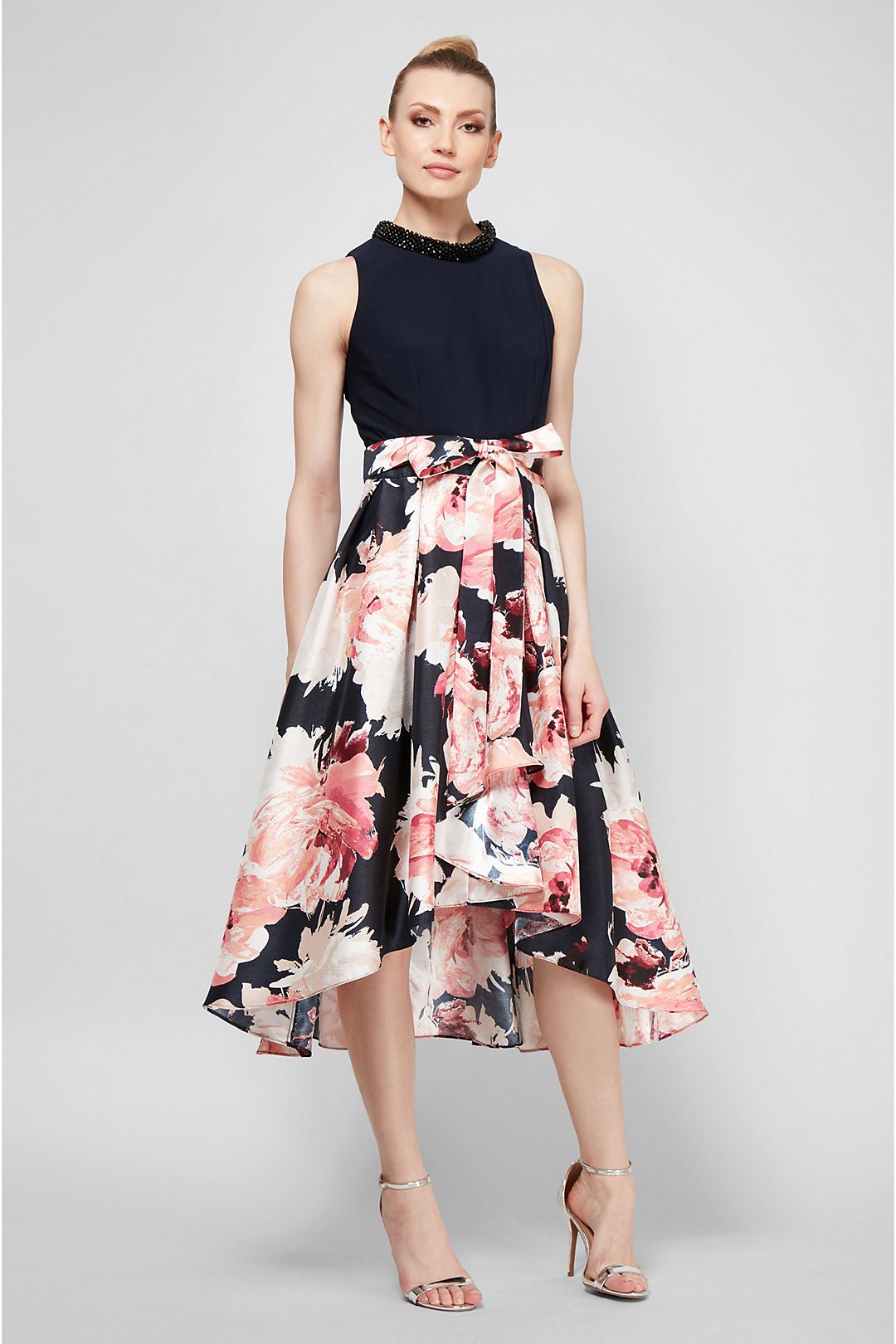 Beaded High Neck Floral Printed Dress with Keyhole Image 1