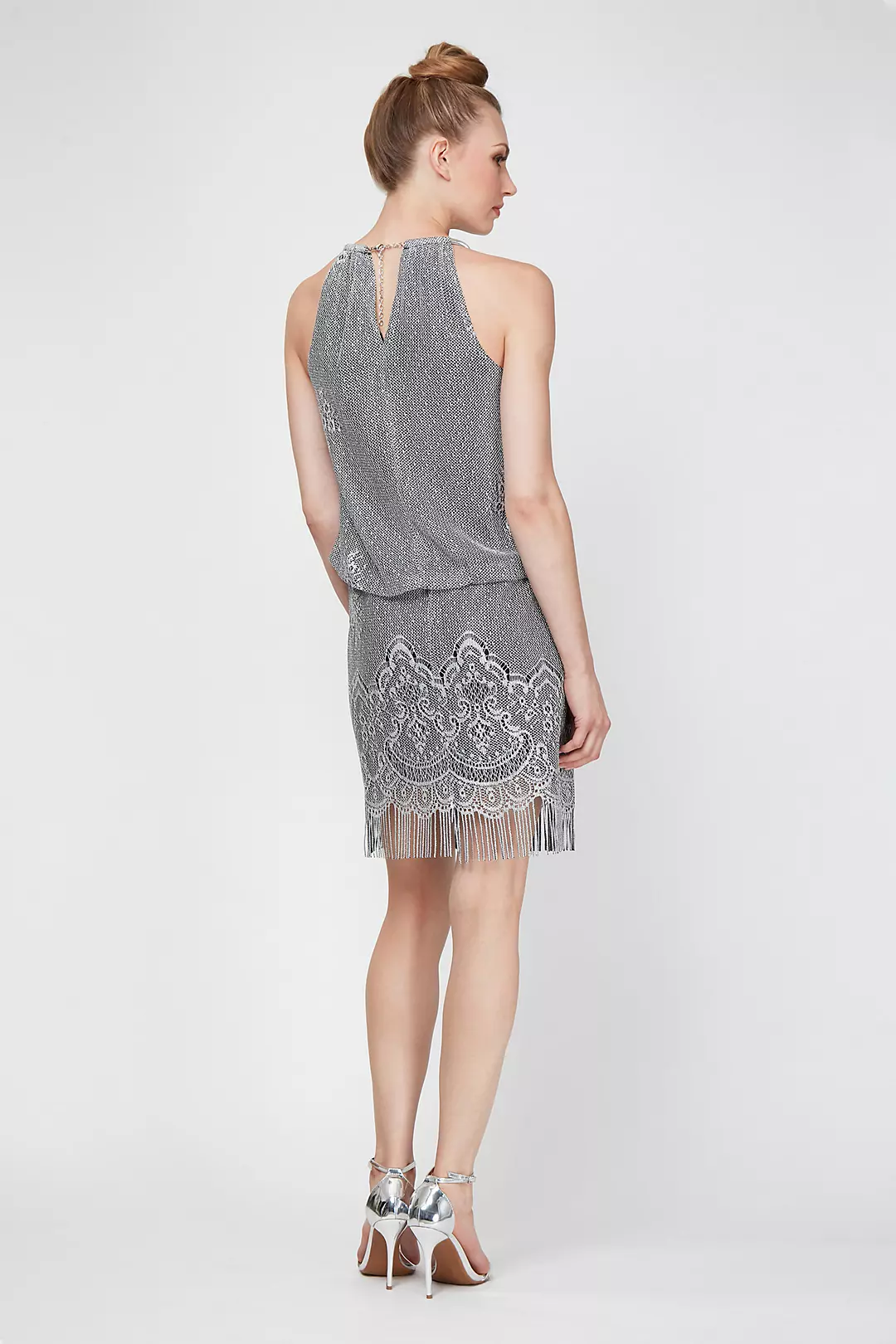 Short High-Neck Metallic Crochet Blouson Dress Image 2