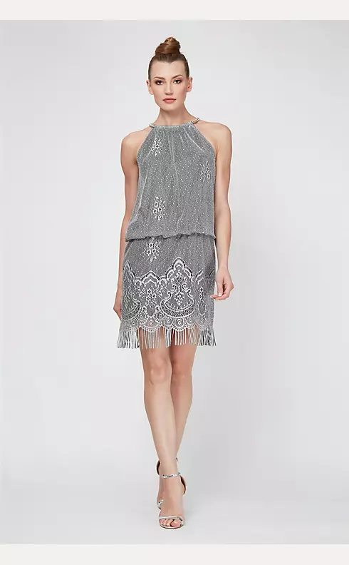 Short High-Neck Metallic Crochet Blouson Dress Image 1