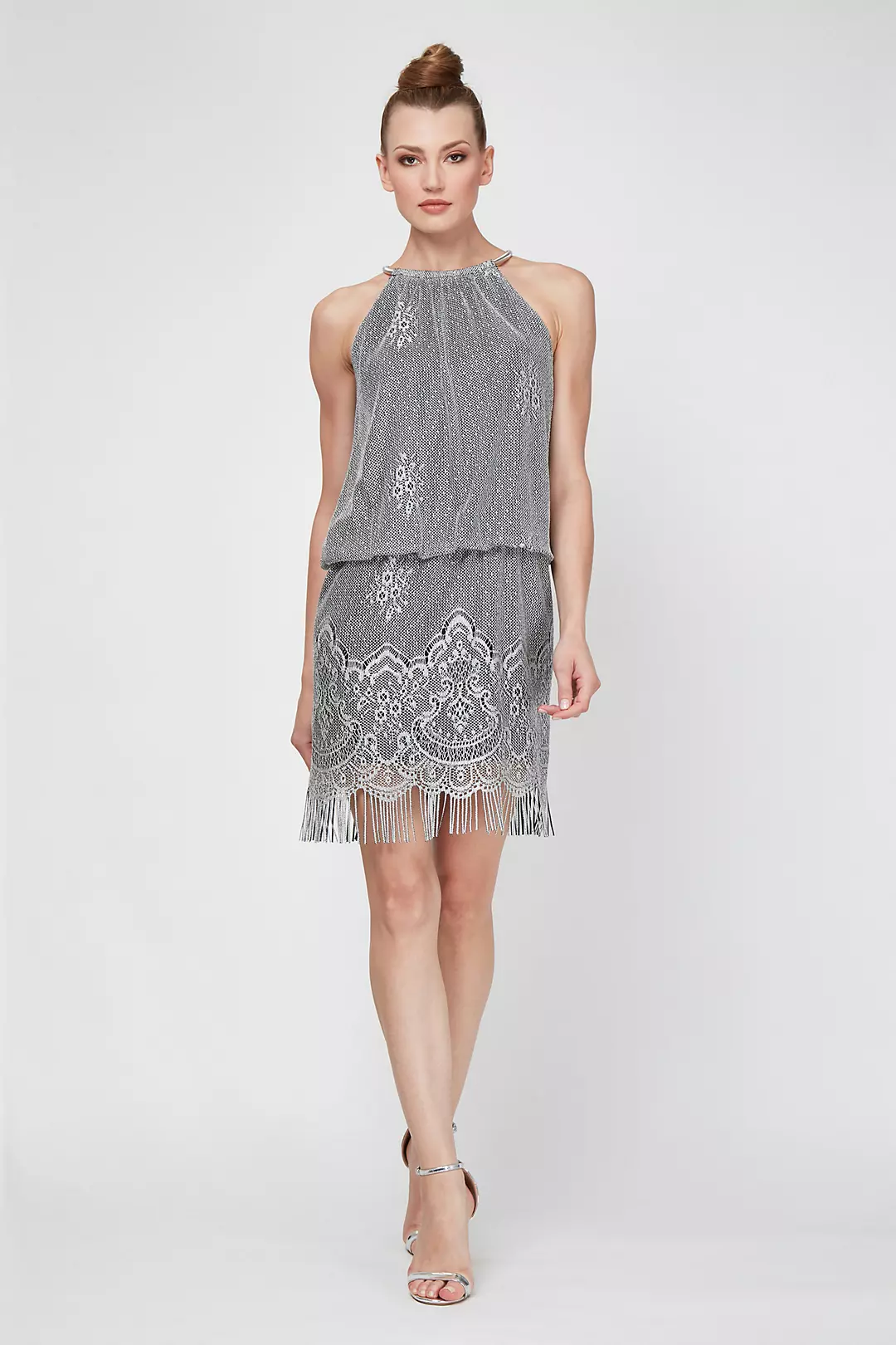 Short High-Neck Metallic Crochet Blouson Dress Image