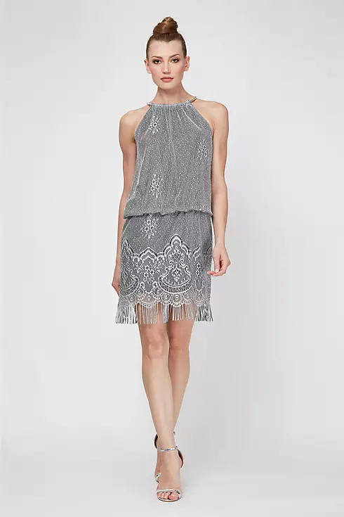 Short High-Neck Metallic Crochet Blouson Dress Image 1