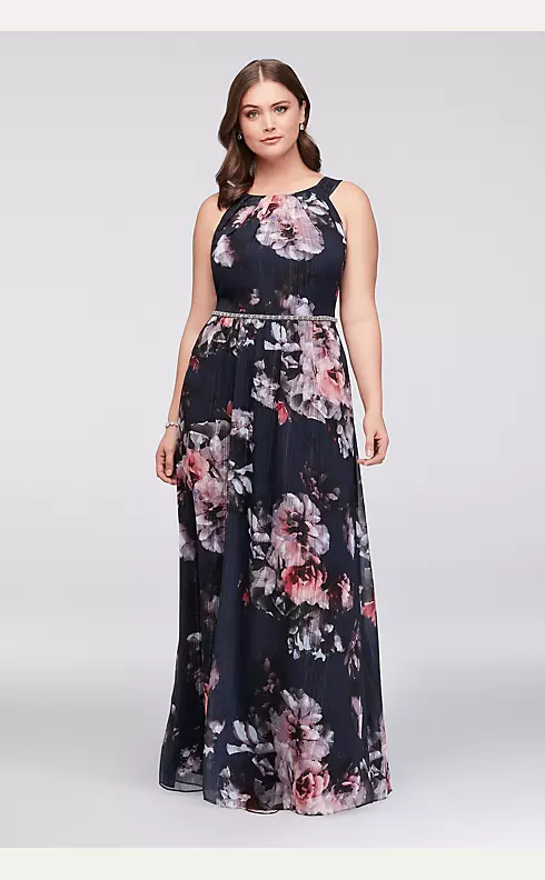 Floral Plus Size Halter Dress with Beaded Belt Image 1