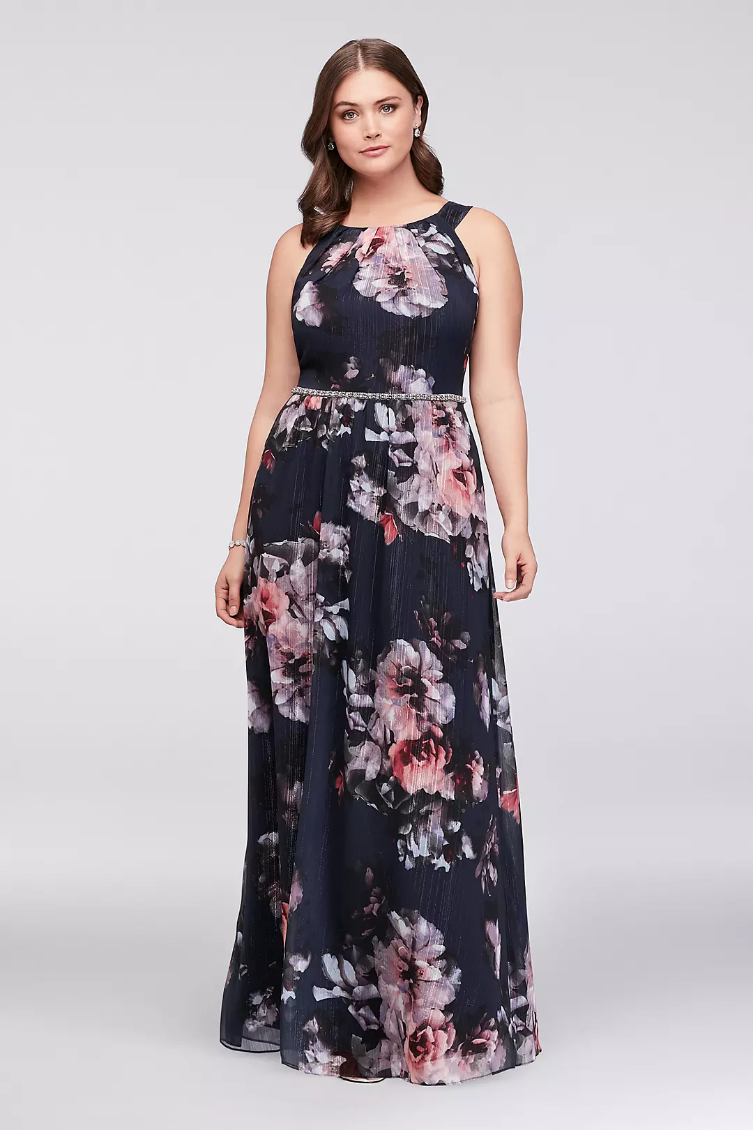 Floral Plus Size Halter Dress with Beaded Belt Image