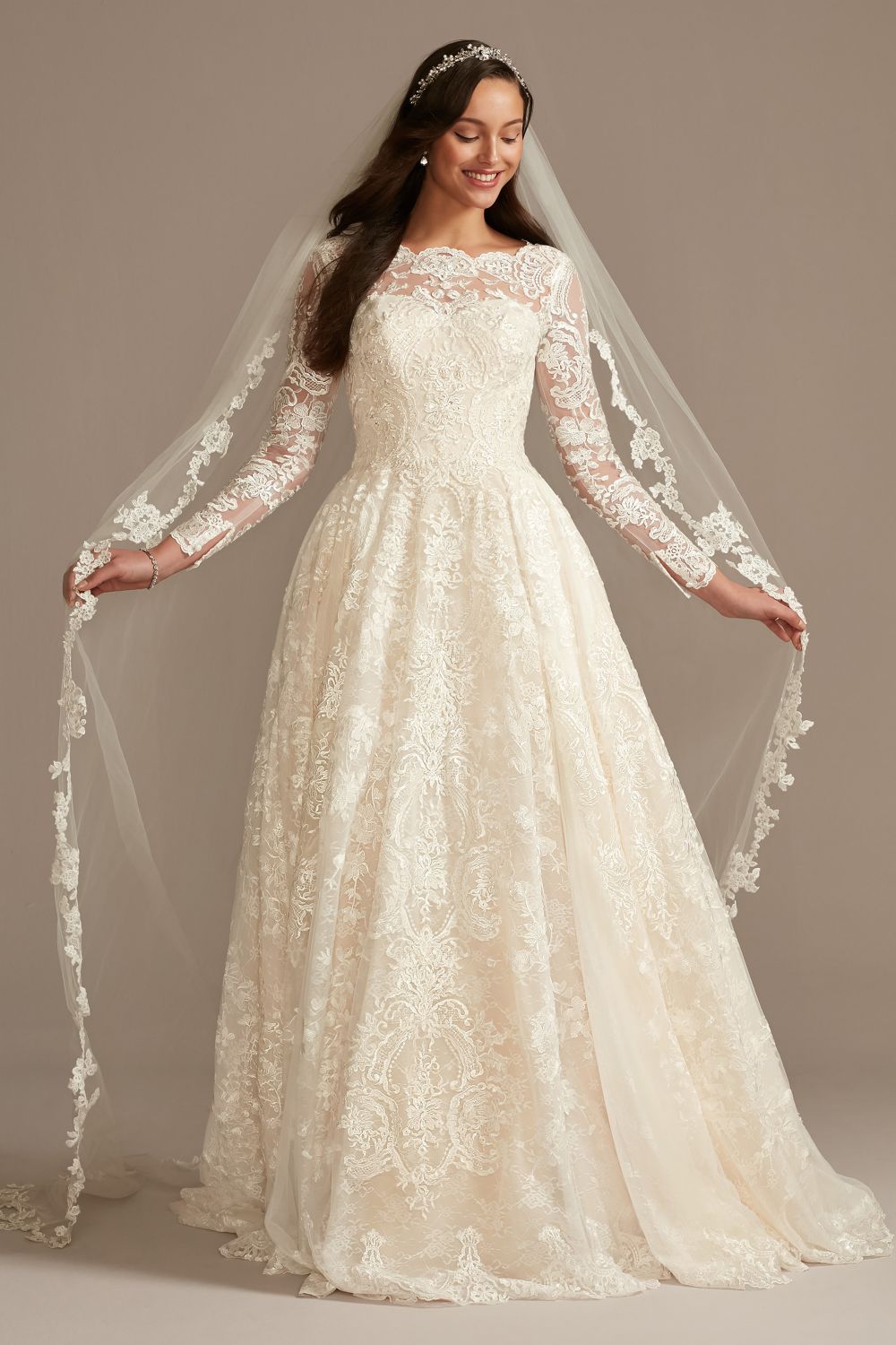 Long Sleeve Beaded Lace Petite Wedding Dress