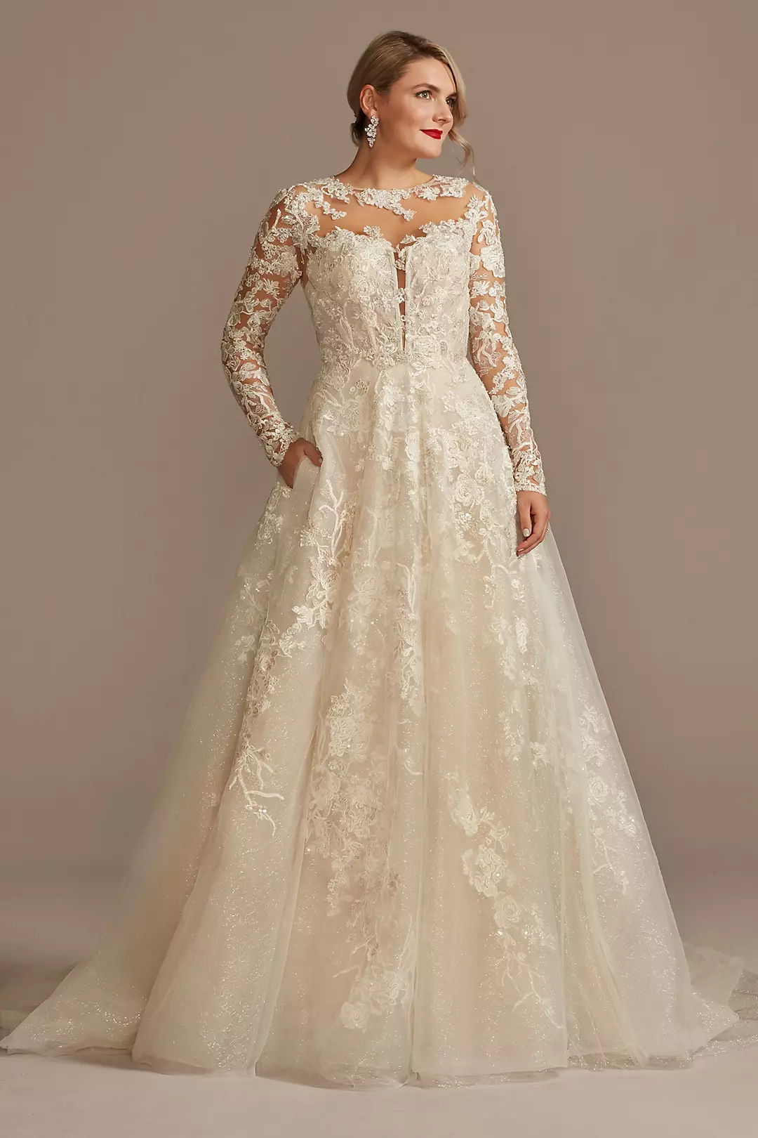 Lace Illusion Long Sleeve Ball Gown Wedding Dress Image