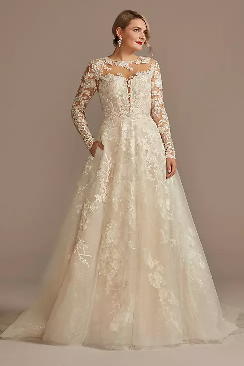 Lace Illusion Long Sleeve Ball Gown Wedding Dress Image 1