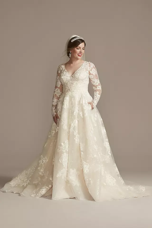 Large Floral Applique Beaded Strap Wedding Dress Image