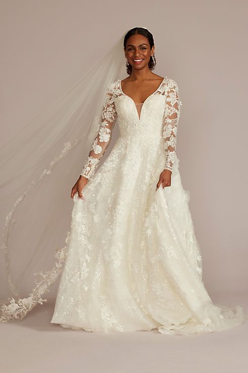Cap Sleeve 3D Floral Lace Open Back Wedding Dress Image 1