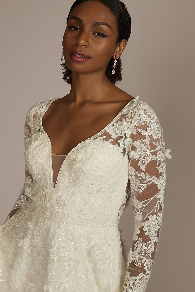 Cap Sleeve 3D Floral Lace Open Back Wedding Dress Image 3