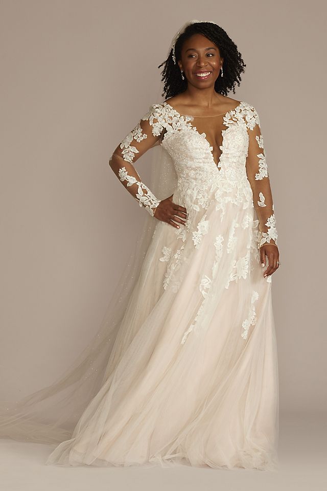 Illusion V-Neck Long Sleeve Lace Wedding Gown Image 1