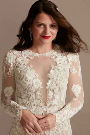Long Sleeve Sequin Floral Petite Wedding Dress | David's Bridal