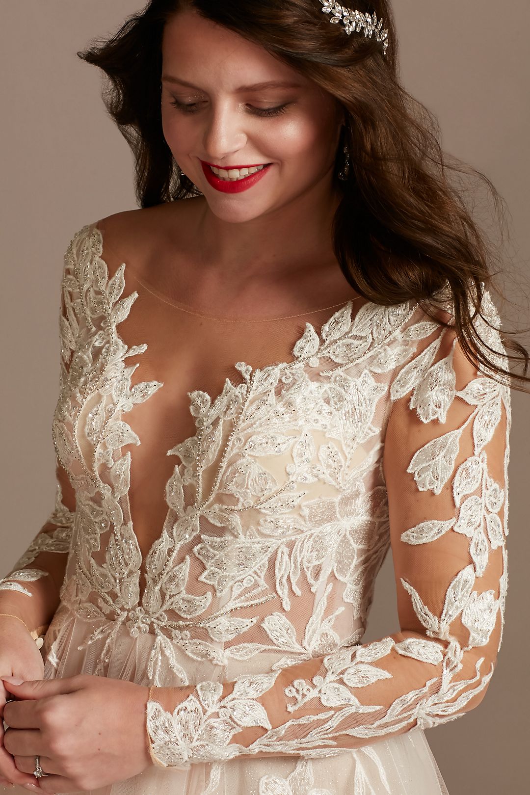 Illusion Plunge Lace Appliqued Wedding Dress Image 3