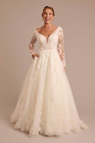 Plunging Long Sleeve Tulle Ball Gown Wedding Dress | David's Bridal