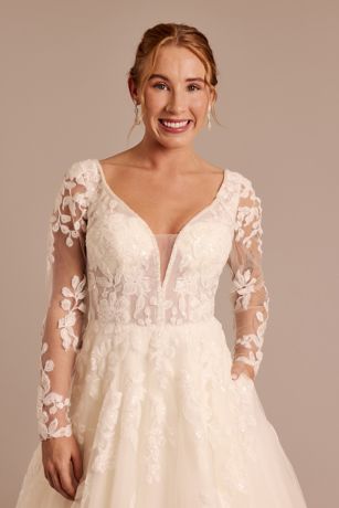 Plunging Long Sleeve Tulle Ball Gown Wedding Dress | David's Bridal