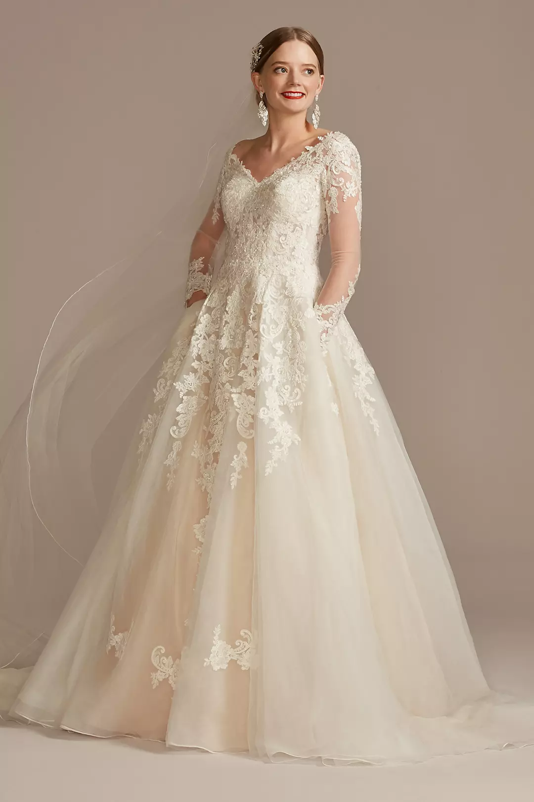 Lace and Tulle Long Sleeve Ball Gown Wedding Dress Image