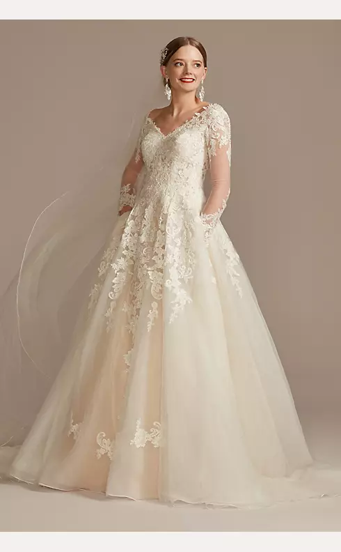 Lace and Tulle Long Sleeve Ball Gown Wedding Dress Image 1