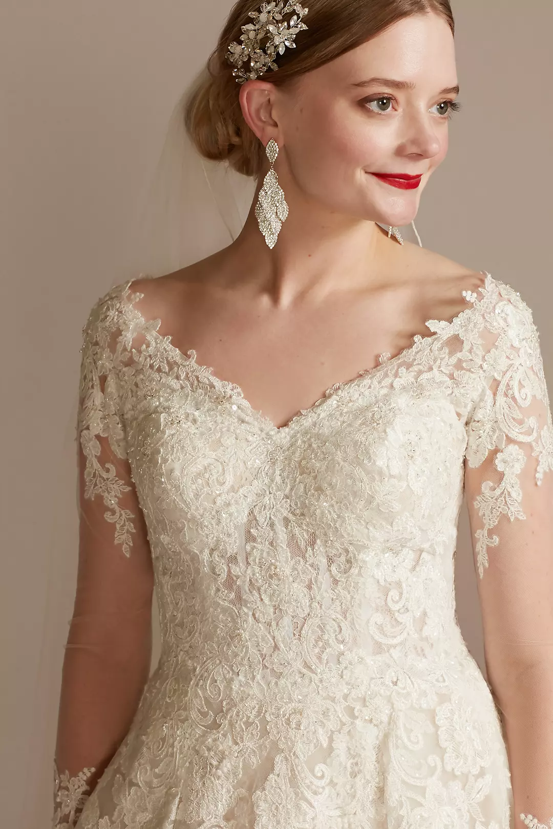 Lace and Tulle Long Sleeve Ball Gown Wedding Dress Image 3