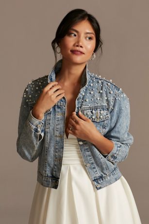 Wifey Pearl and Crystal Studded Denim Jacket | David's Bridal