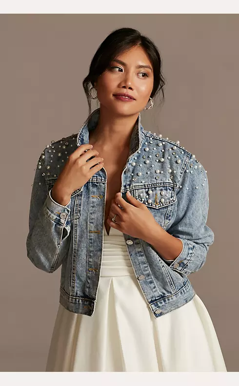 Wifey Pearl and Crystal Studded Denim Jacket Image 2