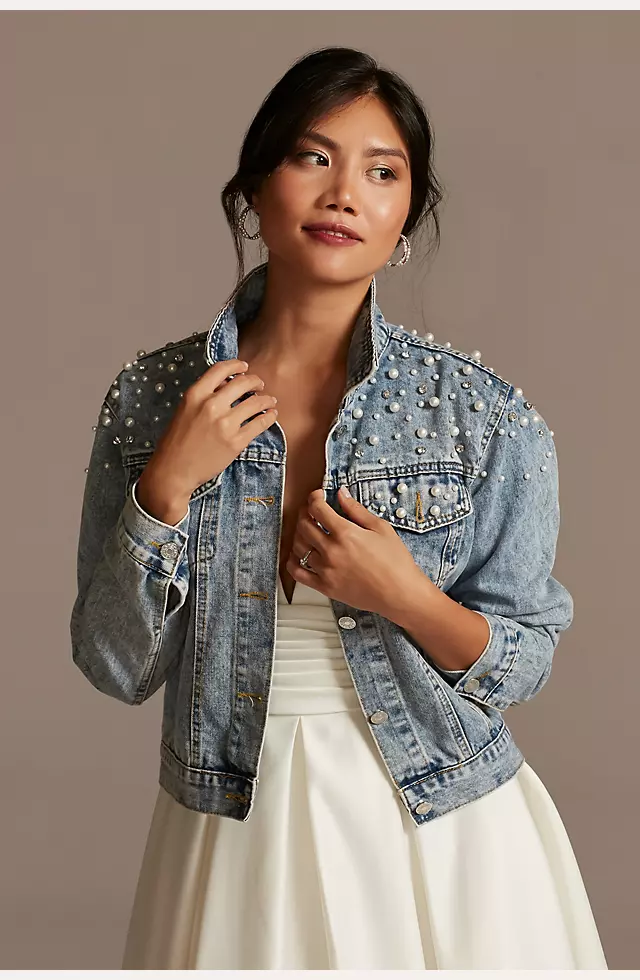 Wifey Pearl and Crystal Studded Denim Jacket Image 2