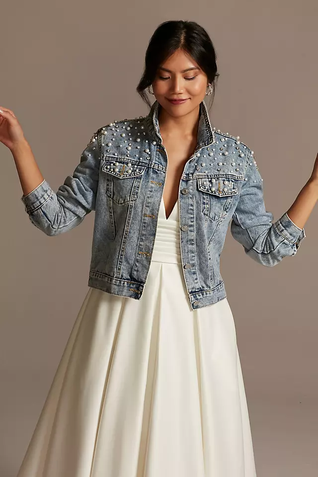 Wifey Pearl and Crystal Studded Denim Jacket Image 3